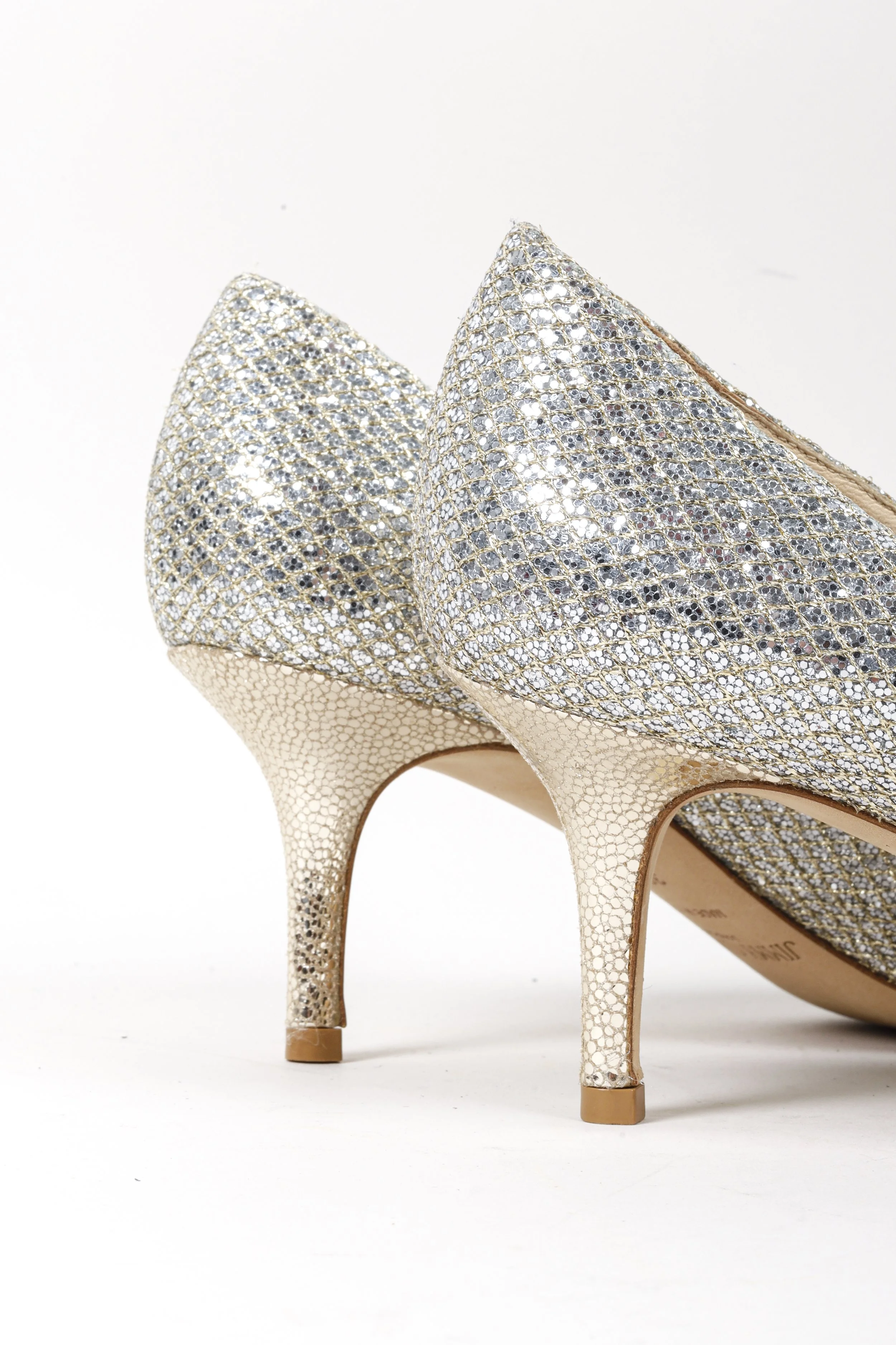 Jimmy Choo Peep Toe Champagne Glitter Pumps BLOGGER ARMOIRE